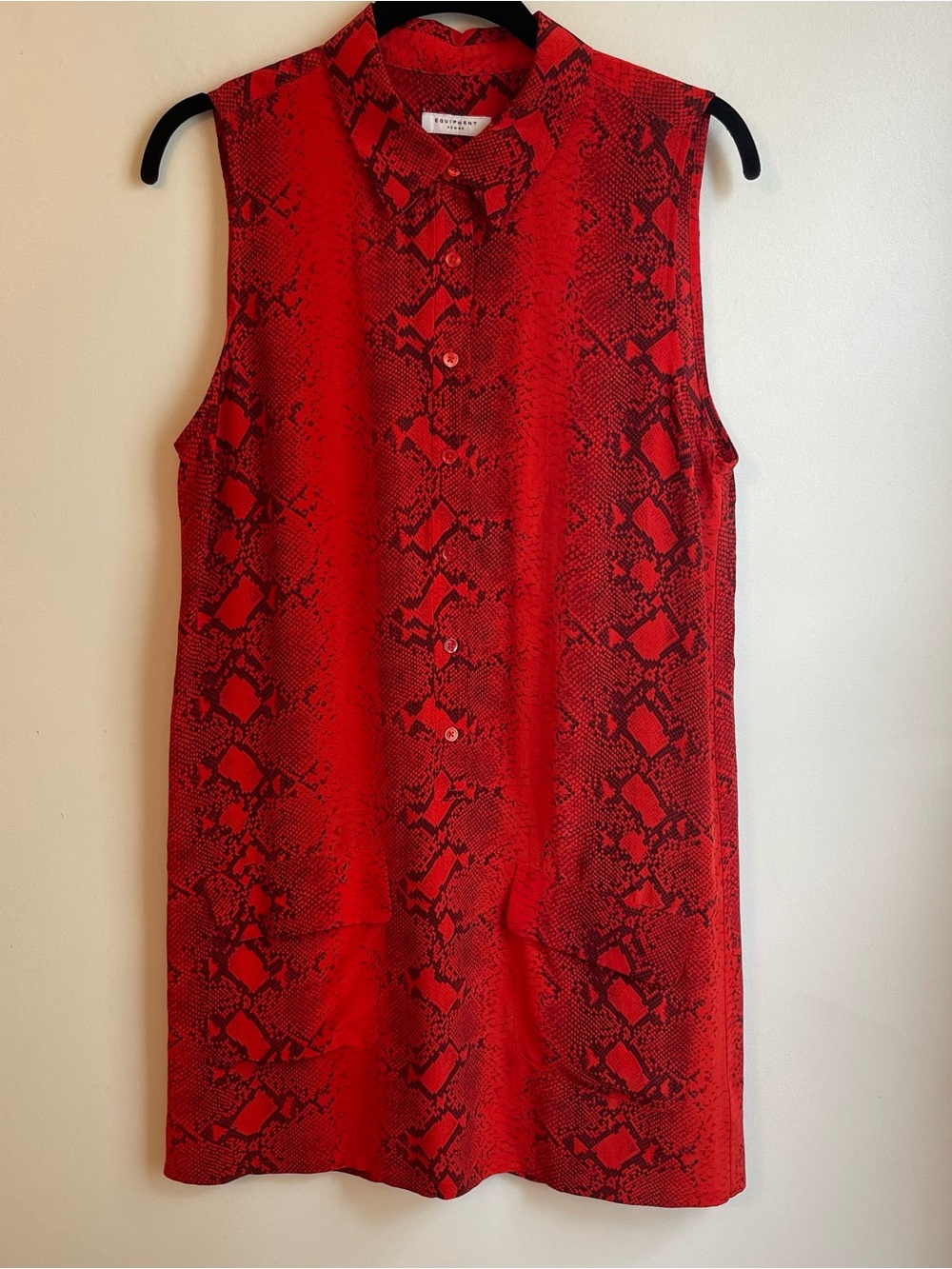 Red Silk Snake Print Sleeveless Shirt Dress
